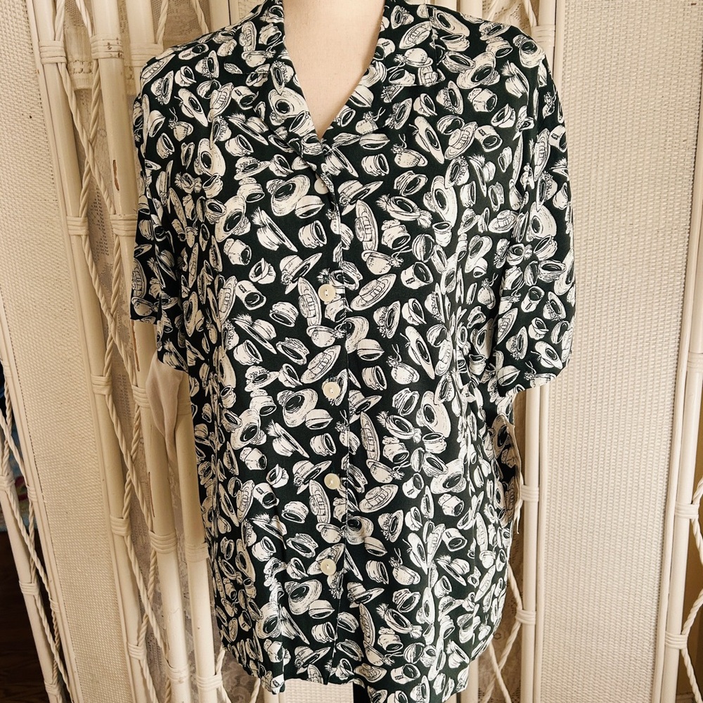 Vintage 90s Liz Claiborne Hat-Print Blouse – Green & Ivory – Button Front – Size - Picture 6 of 15